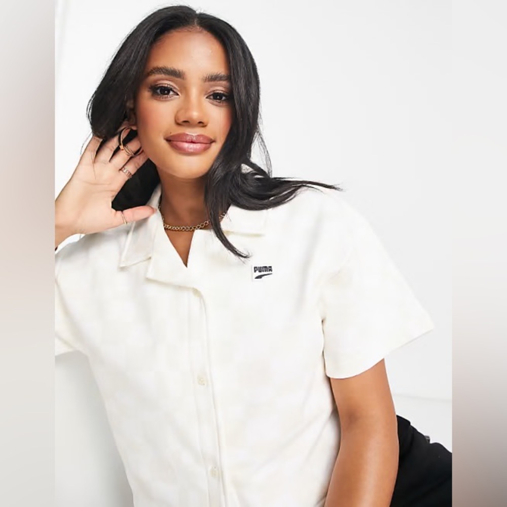 Puma Downtown Checkerboard Shirt and Short SET in Beige and White